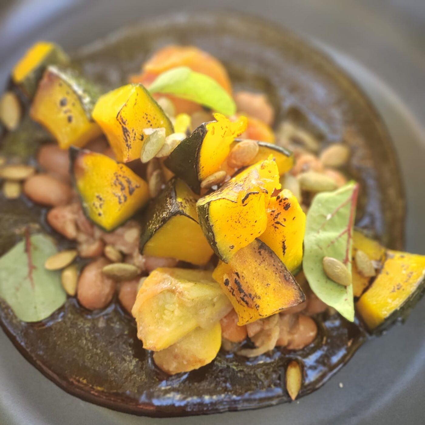 Roasted kabocha squash over mole negro with toasted pepitas